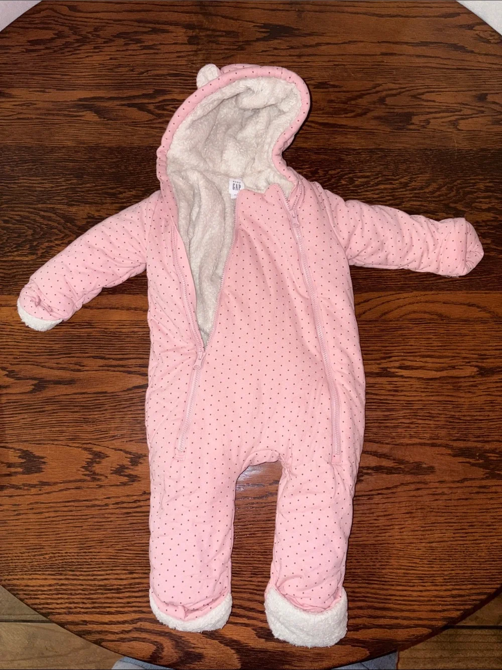 GAP Pink Hooded Baby Snowsuit One-Piece with Tiny Polka Dots
